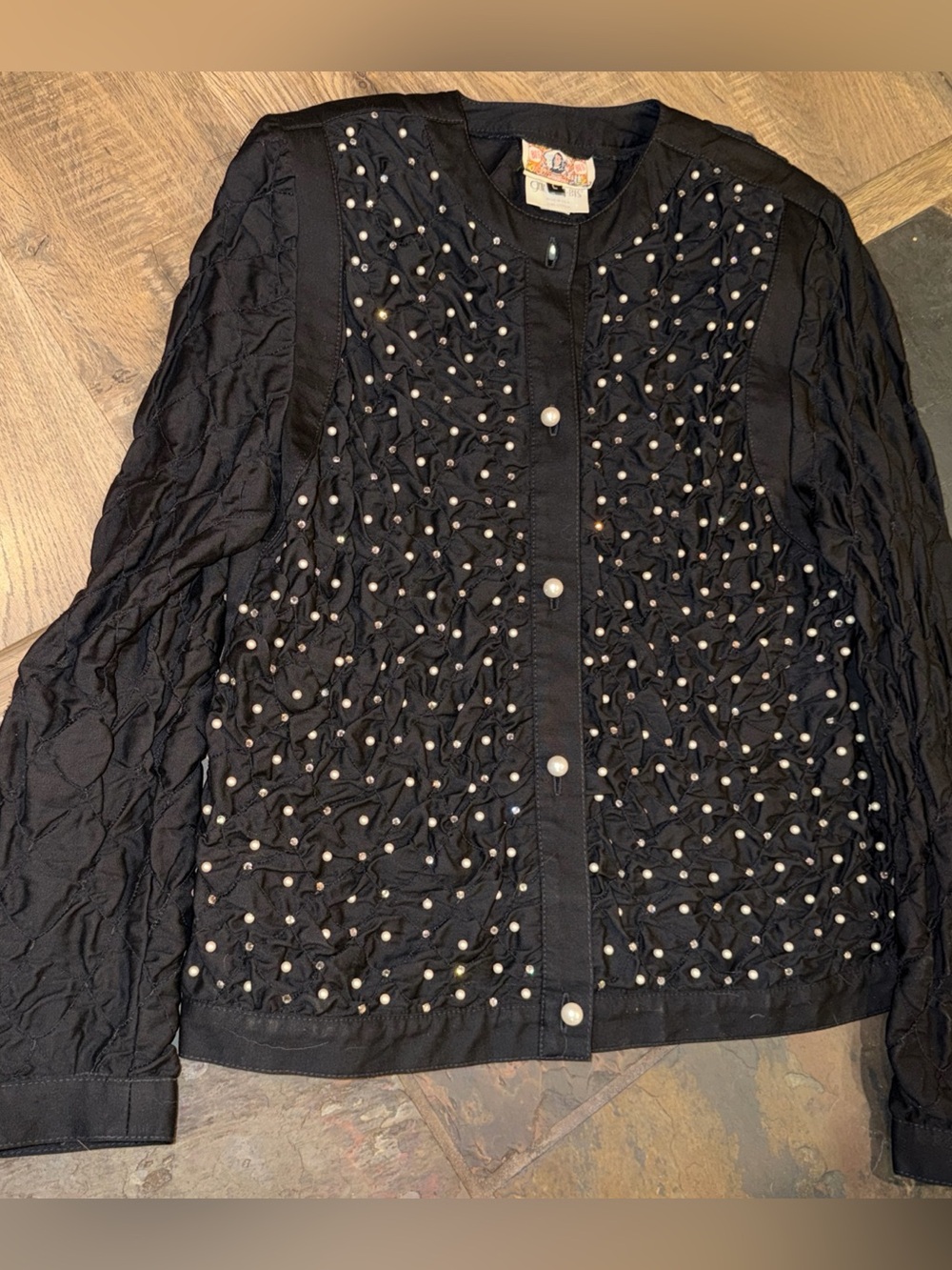 Gene Ewing Bis BLACK Ruched Beads gems Pearl Button Jacket Luxury Formal Women L